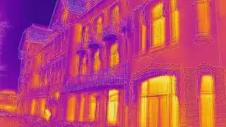 Warmtecamera-opname van een gebouwschil toont koudebruggen en warmteverliezen in kleurspectrum — instrument van Zuidhoek Bouwconsultancy